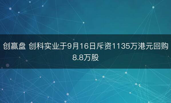 创赢盘 创科实业于9月16日斥资1135万港元回购8.8万股
